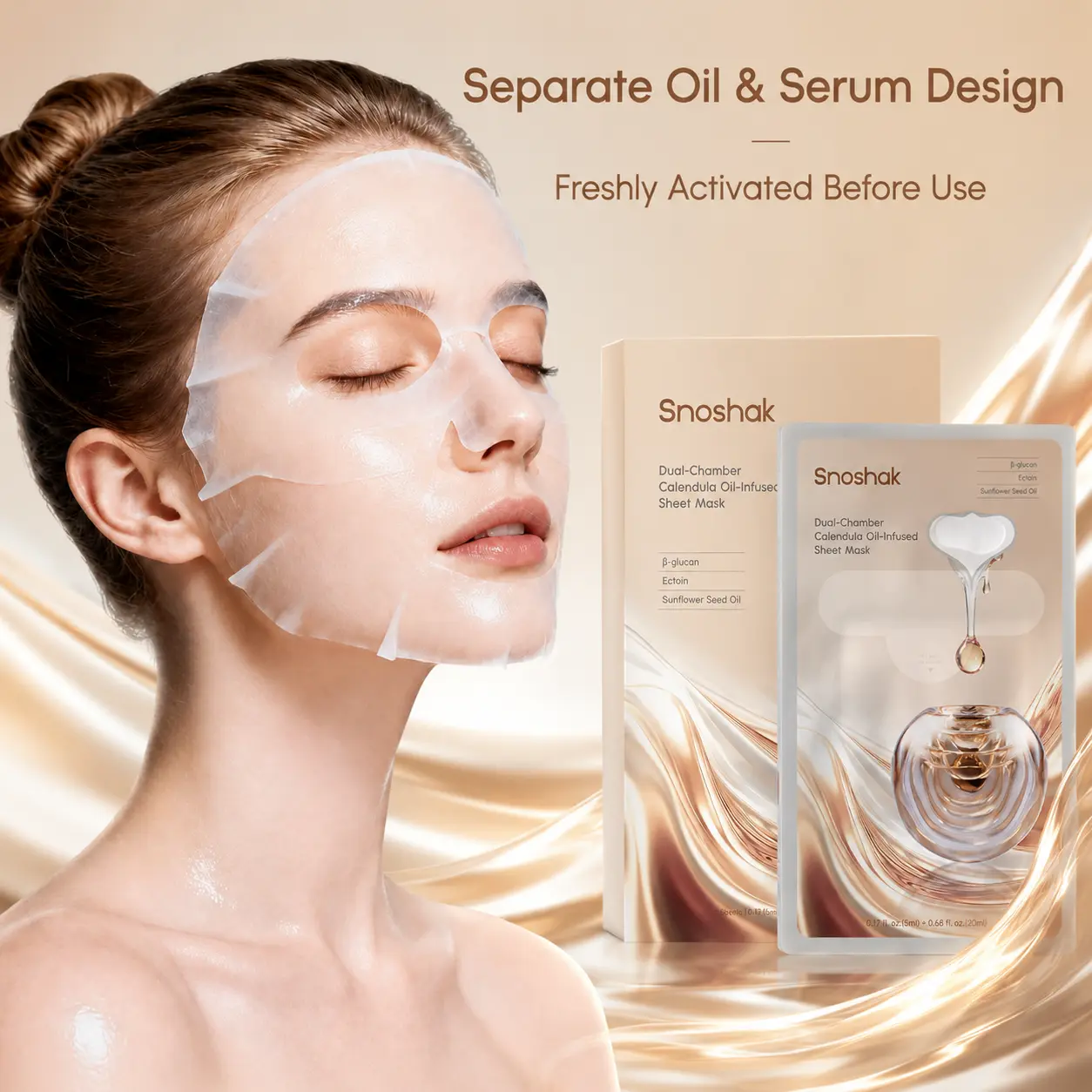 SNOSHAK Dual-Chamber Calendula Oil-Infused Sheet Mask (5 Sheets) - Unisex All Skin Face Care, Nourishing, Gentle, Soothing Hydration Boost with Ectoin, Beta-Glucan, Sunflower Seed Oil (Beauty & Personal Care, Skincare)