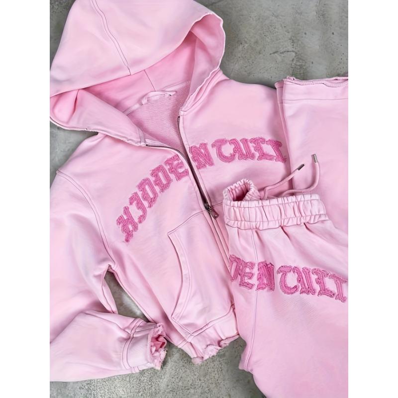 Comfortable Chic Women'S Athletic Set - Adjustable Full-Zip Hoodie & Slim-Fit Pants With Letter Print Design233
