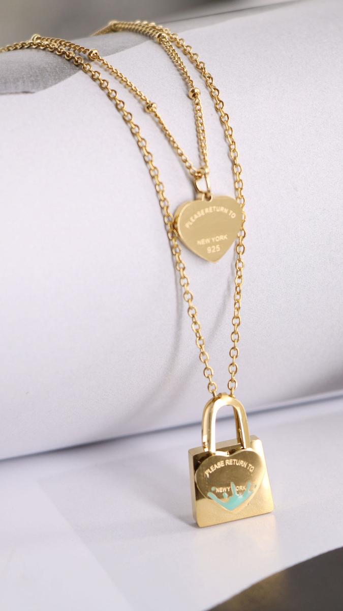 T's  Blue Oil Dripping Lock Heart Double-Layer Necklace Female 18K Gold Sweet Style Clavicle Chain