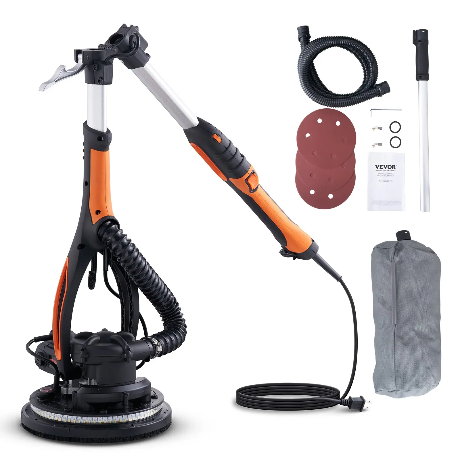 VEVOR 900W Drywall Sander Wall Smoother with 12 Pads, 800-1800 RPM Adjustable Speeds, 3 Vacuum Tubes, Collapsible Grip, PC+Sponge Telescopic Dust Collector, Dual LEDs for Ceiling Walls