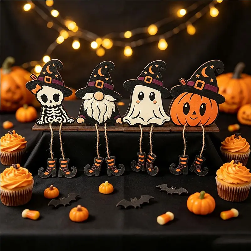 Halloween Witch Hat Wooden Shelf Desktop Decor, Hanging Witch Pumpkin Skull Gnome, Fall Home Festival Gift, 1pc Fun Decoration