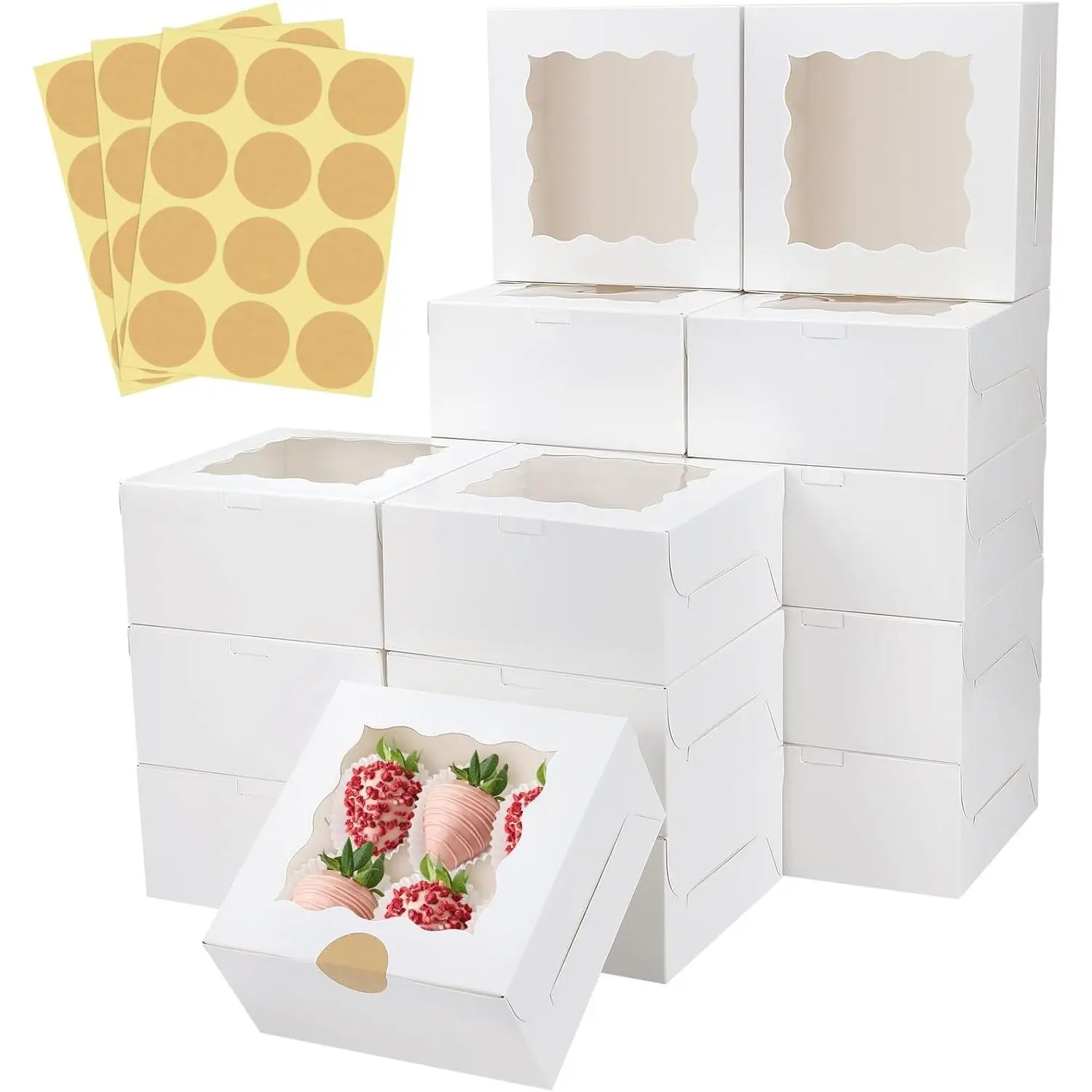 30 Pcs White Bakery Boxes with Window, 6 X 6 X 3 Inches, White Paperboard Treat Boxes for Cookies, Pastry, Strawberries, Macarons