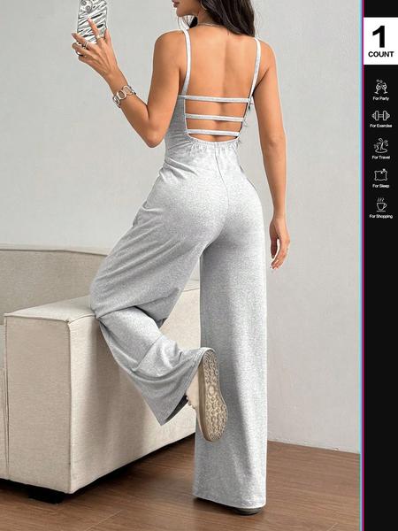 Women's Solid Backless Fit Plicated CamiJumpsuit, Basic Casual Sleeveless SpaghettiStrap Square Neck Wide Leg Jumpsuit forSummer, Women's Spaghetti Strap Jumpsuit forLady Daily Wear, Womenswear, Solid ColorJumpsuits, Casual Comfy Jumpsuit