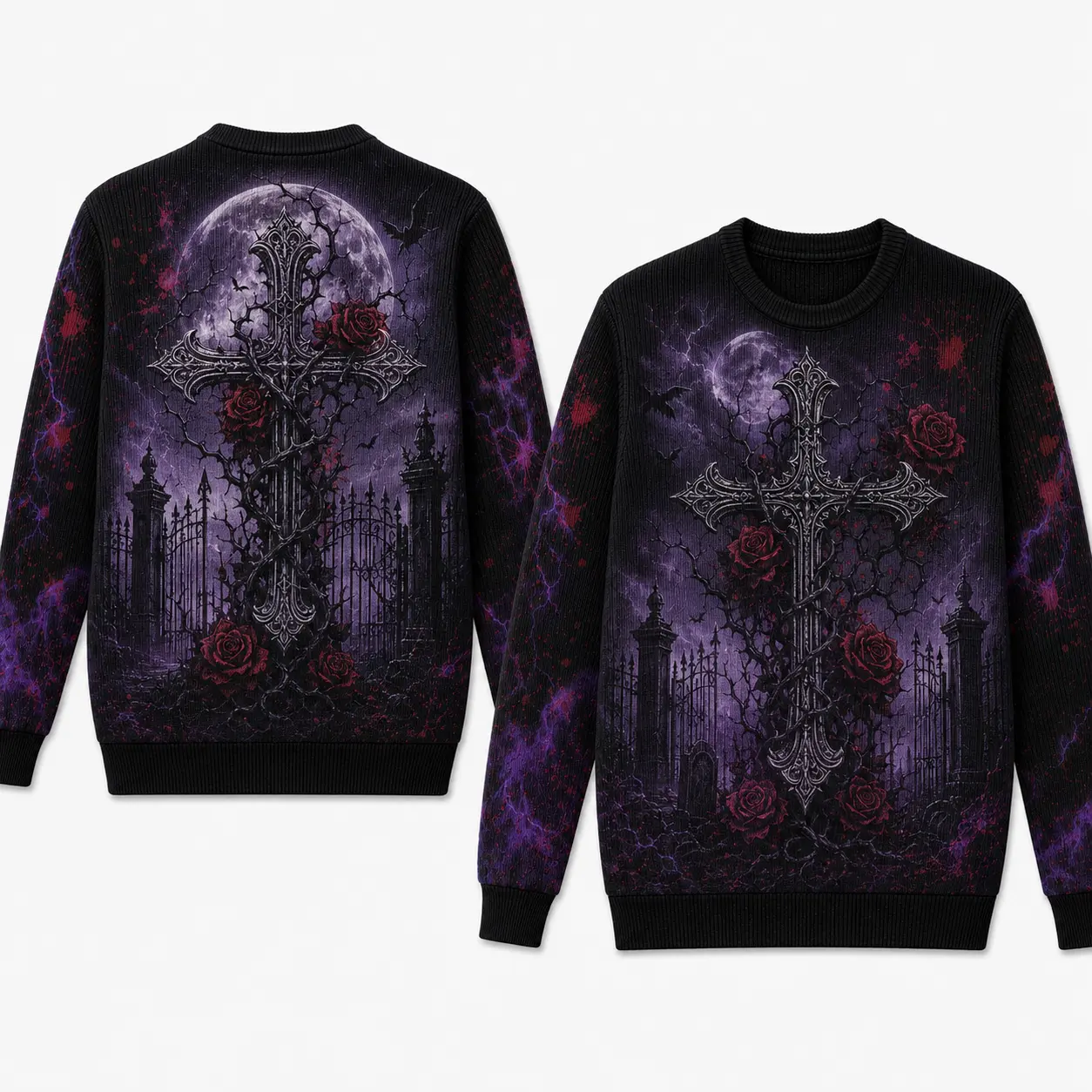 Men's Gothic Cross Knit Sweater - Gothic Print, Dark Aesthetic, Purple Moon Rose Graphic, Crewneck, Long Sleeves, Vintage Alternative Streetwear, Dark Academia, Y2K Emo, Casual Fall Halloween Outfit Top