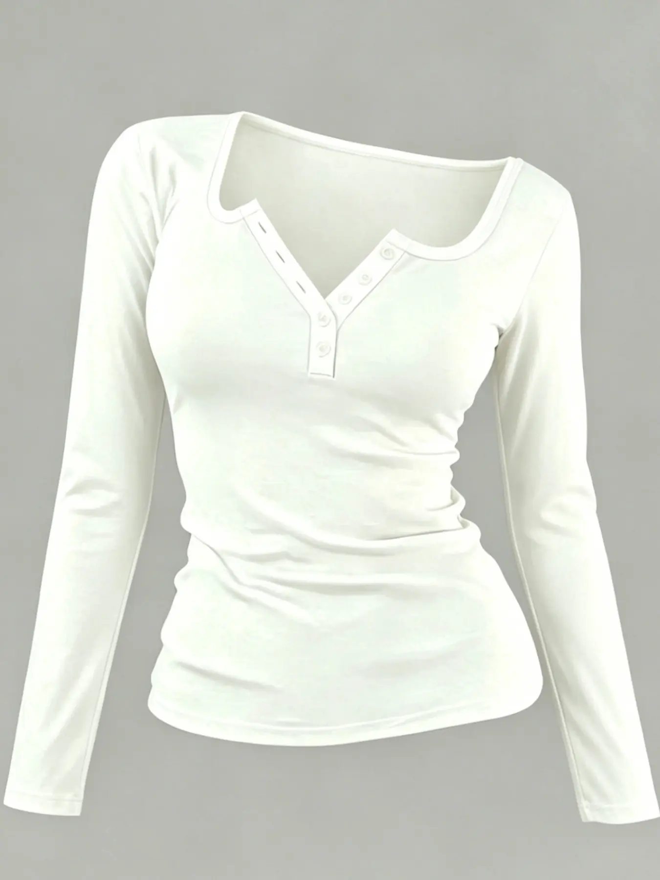 Women's Button Long Sleeve T-Shirt, Summer New Solid Henry Neck, Fitted Slim Fit, Casual Chic Style, Daily, Office Wear, Inner Dressing, Tops