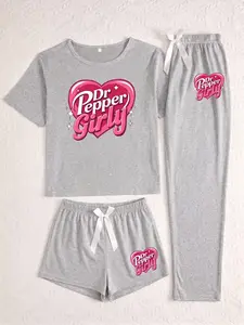 Doctor Pepper Girl Women's Three-Piece Set, Cartoon Pattern, Loose-Fitting, Casual Style, All-Seasons Home Wear