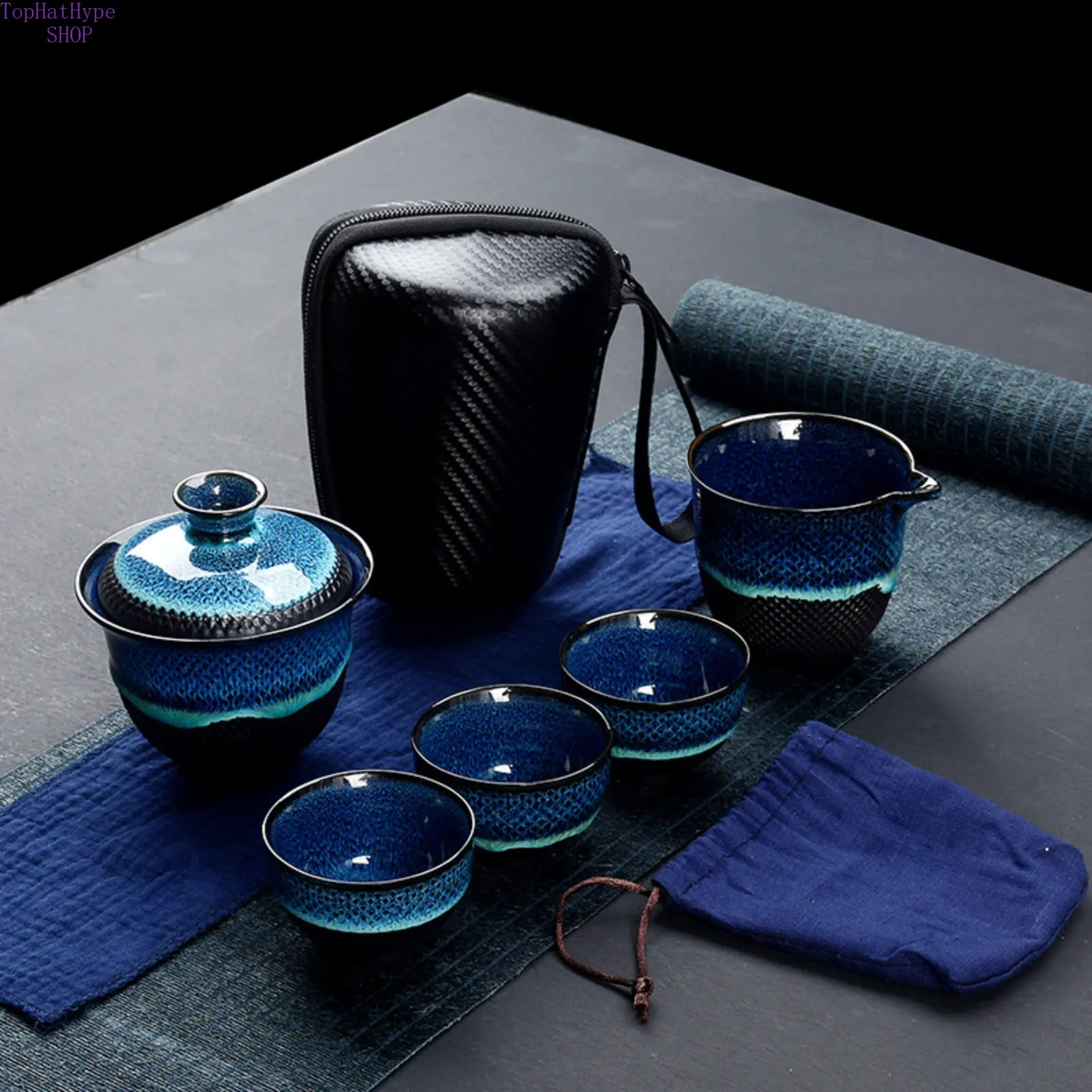 Portable Ceramic Tea Set | Travel Kung Fu Quick Brew Cup Kit, Kiln Transformation Tianmu Glaze Mini Compact Teaware, Luxury Lightweight Business Bulk Gift With Filter, All-In-One Storage For Camping Office Business Trip Client Presents