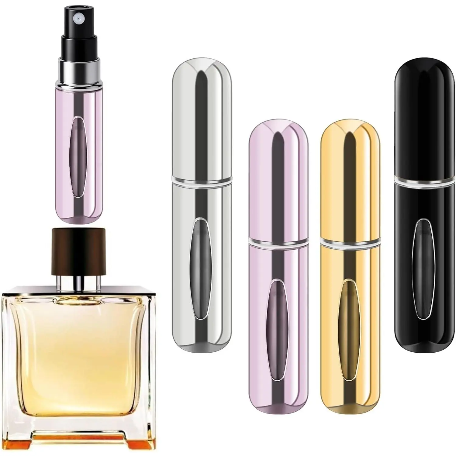 Women's Portable Refillable Perfume Atomizer Canister Spray Bottle, 4-Pack 5ml Travel Bottles - Silver, Pink, Gold, Black