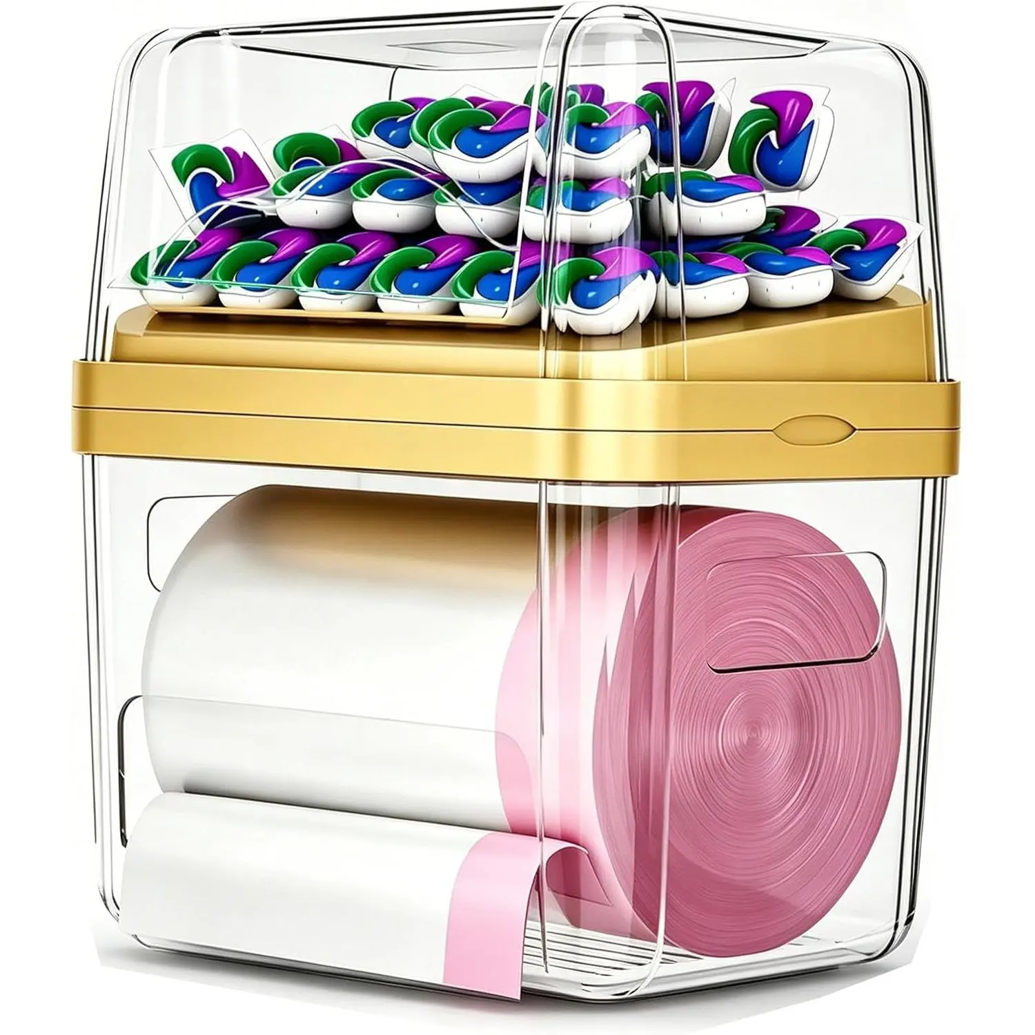 2-in-1 Trash Bag Dispenser & Laundry/Dishwasher Pods Container, Clear  Garbage Bag Holder with Removable , Under Sink Organizer Kitchen Pantry Storage Box