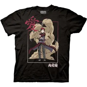 Naruto Shippuden Gaara of the Sand Full Body Combat Pose Giant Sand Shukaku One-Tailed Beast Pink Thin Border Frame Big Red Brush Kanji  Love Bottom Chinese Kanji  Anime Graphic T-Shirt Unisex Oversized Crew Neck Soft Pre-Shrunk Black Cotton Loose Fit
