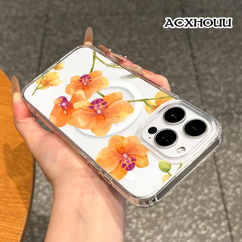 Magnetic Compatible Case for iPhone 16 E Pro Max 15 Plus 14 13 12 11 XS XR, Cute Orange Orchid Watercolor Design | Shockproof, Stylish, Girly, Scratch Resistant, and Silicone Protection