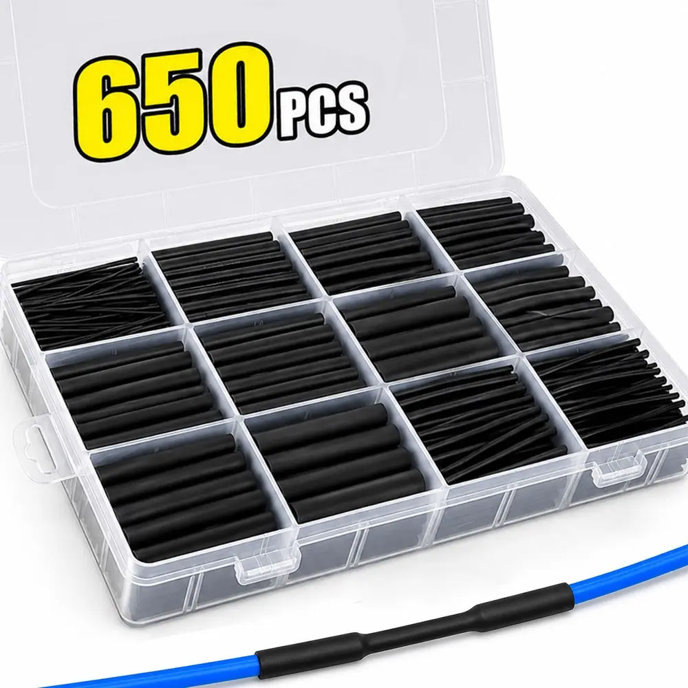 650PCS Heat Shrink Tubing Kit, 8 Sizes Black 2:1 Wire Shrink Wrap Sleeves with Organizer Box for Cable Insulation, Splicing and DIY Electrical Repairs