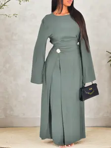 New Muslim Women's Pleated Texture Asymmetric Waist Long Dress, Plain Tight Fit, Metal Button Decor, Casual Abaya, All Seasons