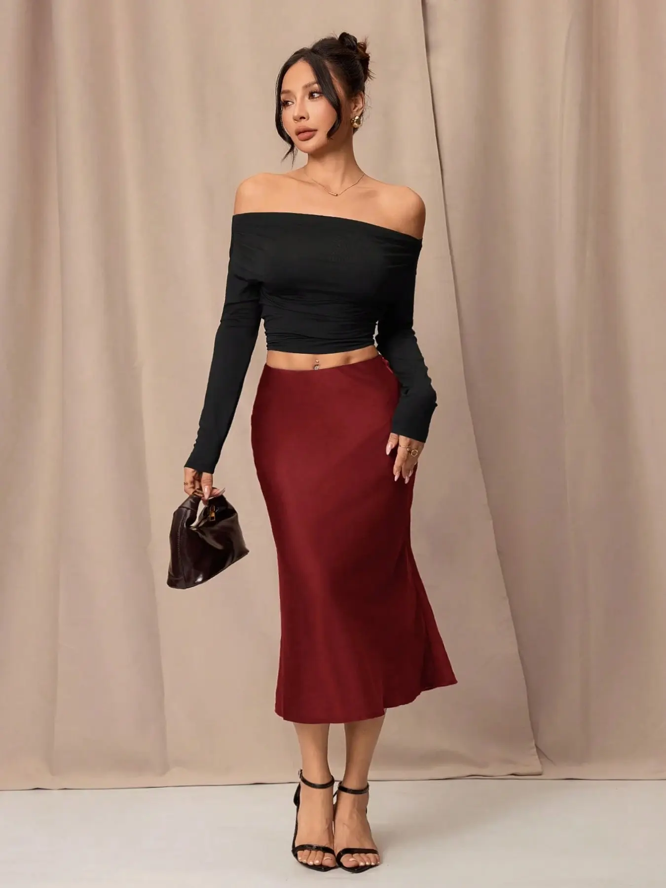 Elegant Midi Skirt for Women, Solid Color Satin High Waist Fish Tail Hem, Perfect for Parties and Daily Wear, Smooth and Flowing Fabric