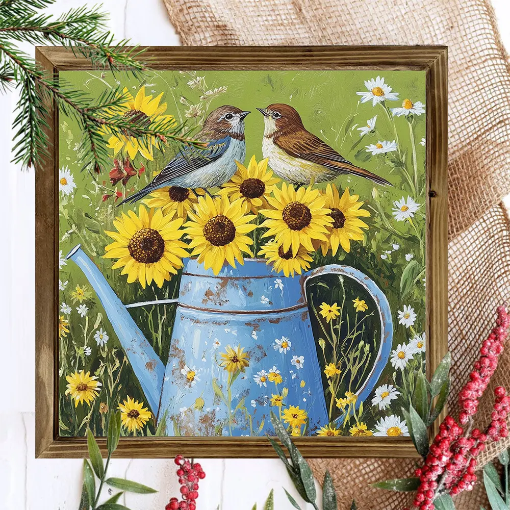 Charming Rustic Birds & Daisies 8x8" Wooden Frame Sign - Vintage Floral Wall Art for Spring & Holiday Decor, Perfect Home Aesthetic Gift