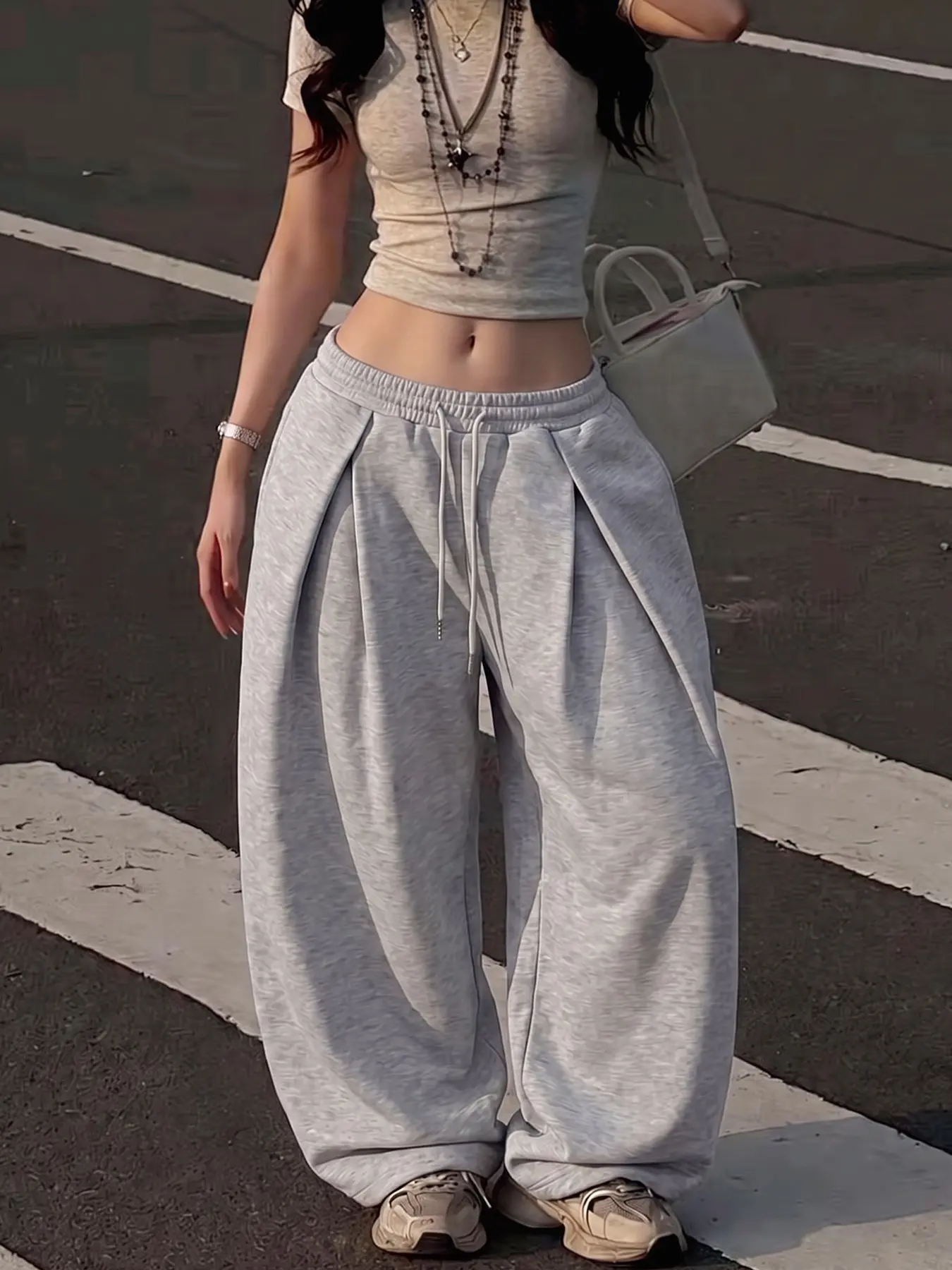 Women Heather Gray Solid Pleated Wide Leg Sweatpants Bottoms Drawstring Waist Casual Daily Street Home Coffee Shop Relaxed Separable Neutral Baggy Trousers #springsaledeals2026 #loungewear #fyp