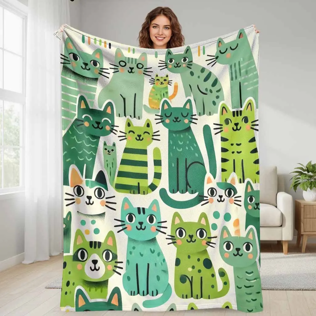 Cartoon Character Flannel Blanket with Kitty Prints - Vibrant Green, Super Soft, Lightweight, Breathable, Wrinkle Resistant, Anti-Pill, Durable, Foldable, Multi-Size, Cozy Warmth for Living Room Sofa, Business Trips, Pet Lover Gift