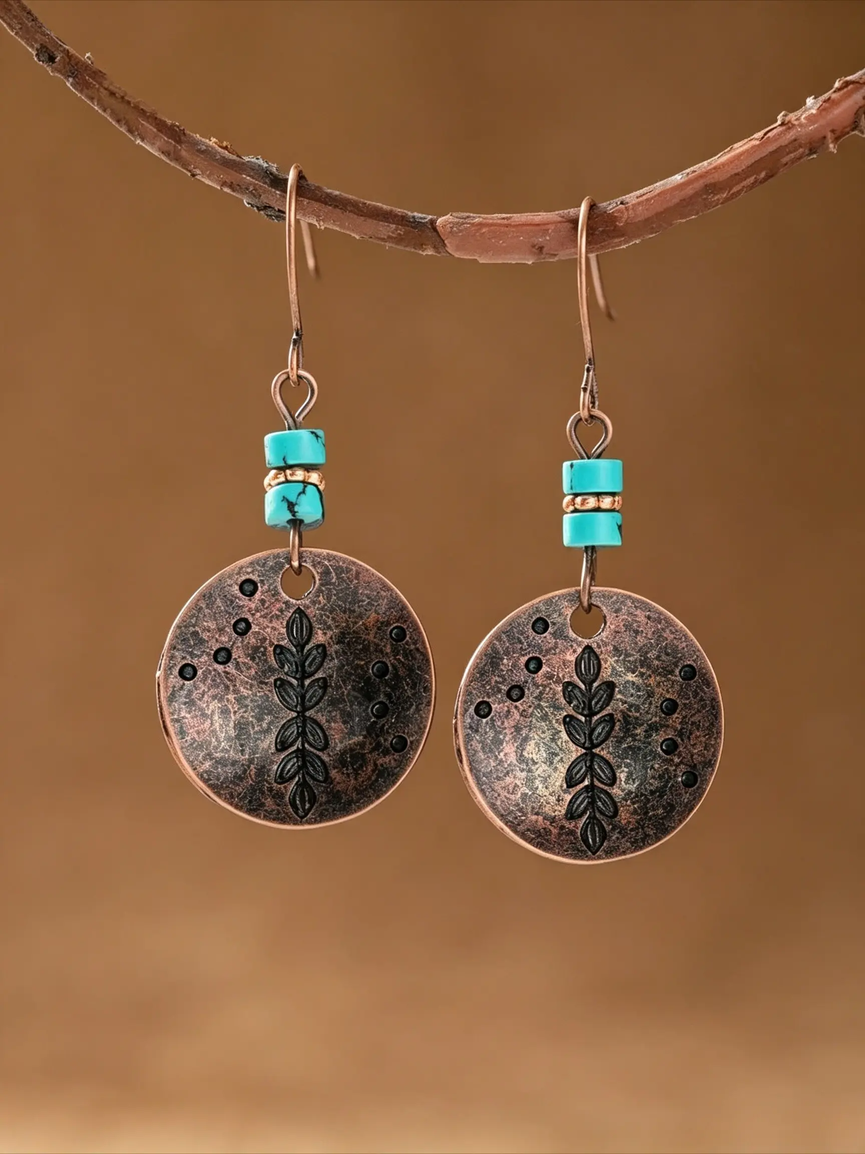 A Pair of Ethnic-Style Turquoise Beaded Earrings with Embossed Leaf-Shaped Discs—Vacation-Inspired, Versatile, and Elegant Women's Earrings