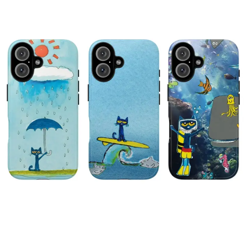 Pete The Cat Cartoon Hard Polycarbonate Phone Case for iPhone 11-17, Air/Pro Max - Shockproof Protection Casing, 3 Styles (Ocean Surf, Rainy Day, Kids Aesthetic), Trendy Fan Accessory, Holiday Gift