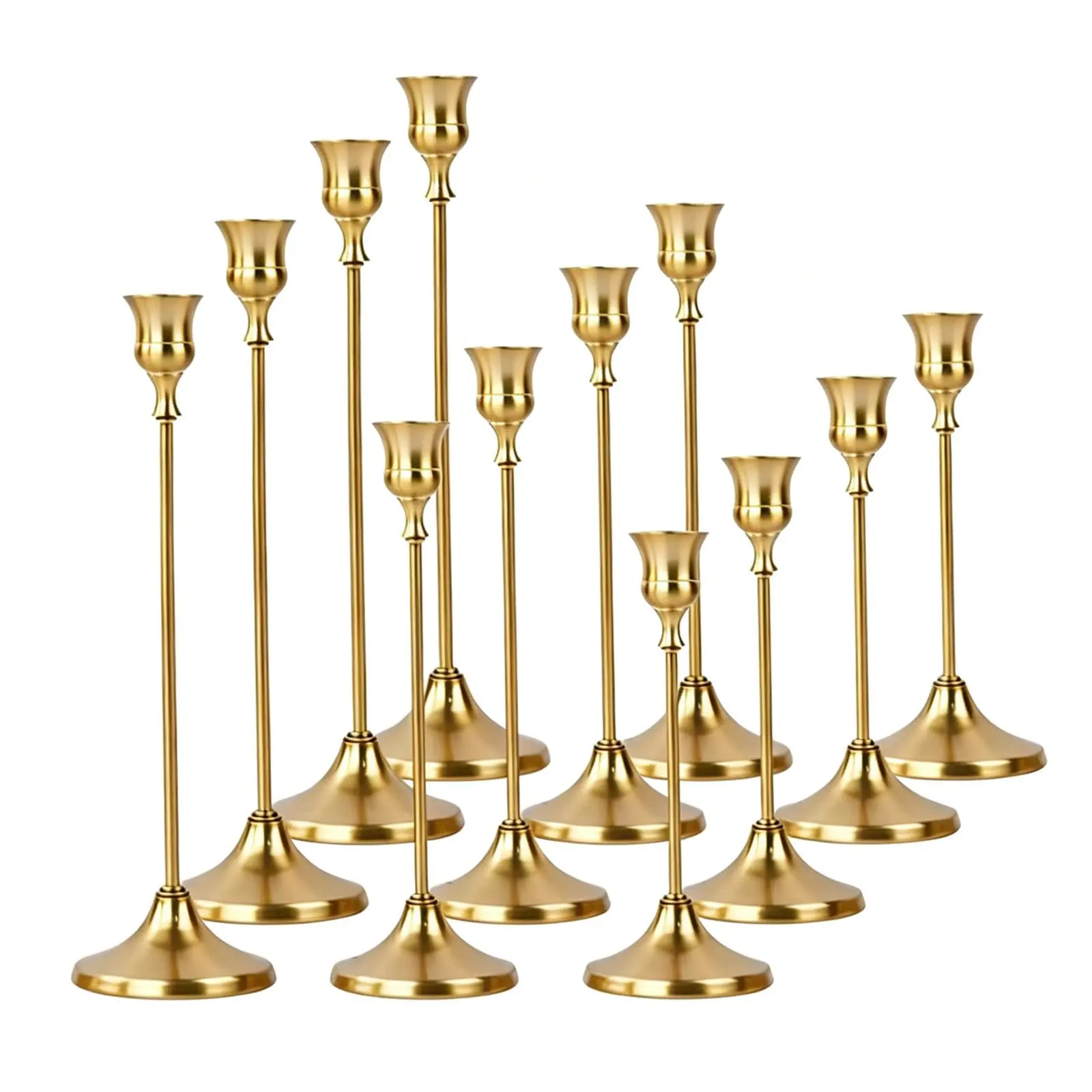12 Pcs Vintage Aluminium Taper Candle Holders, Tall Golden Removable-Cup Metal Stands for Wedding Table Centerpieces Home Decor