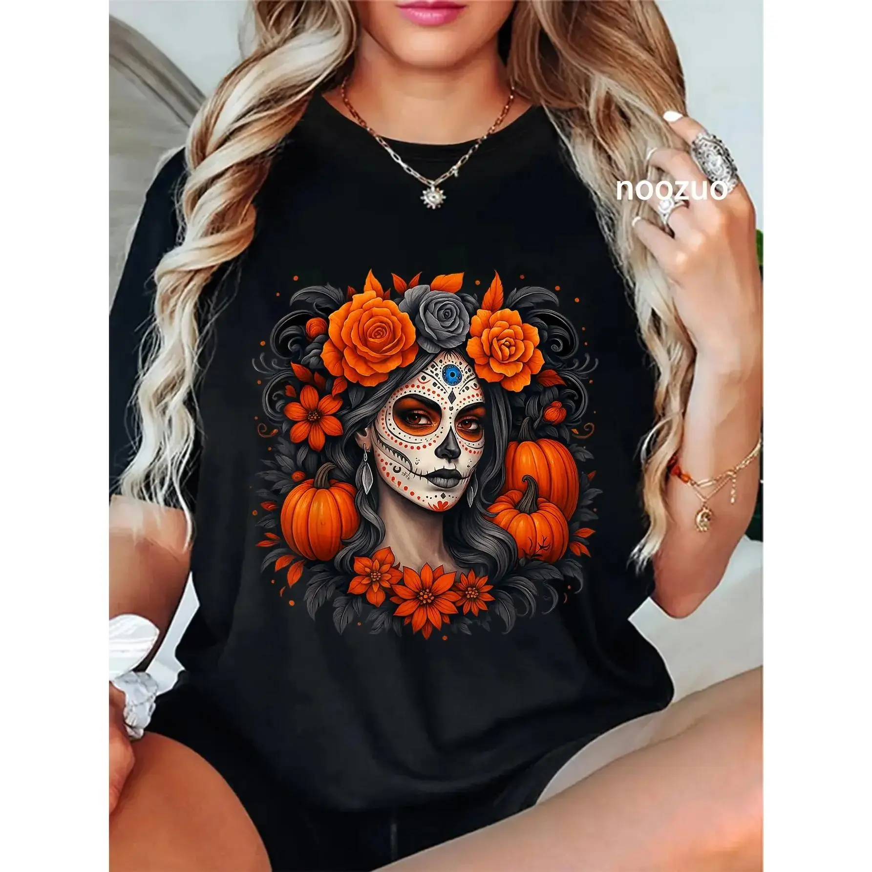 Women's Graphic T-Shirt, Vintage La Catrina Flower Skull  Short Sleeve Casual Streetwear Top for Day of the Dead, Tshirt, Everyday