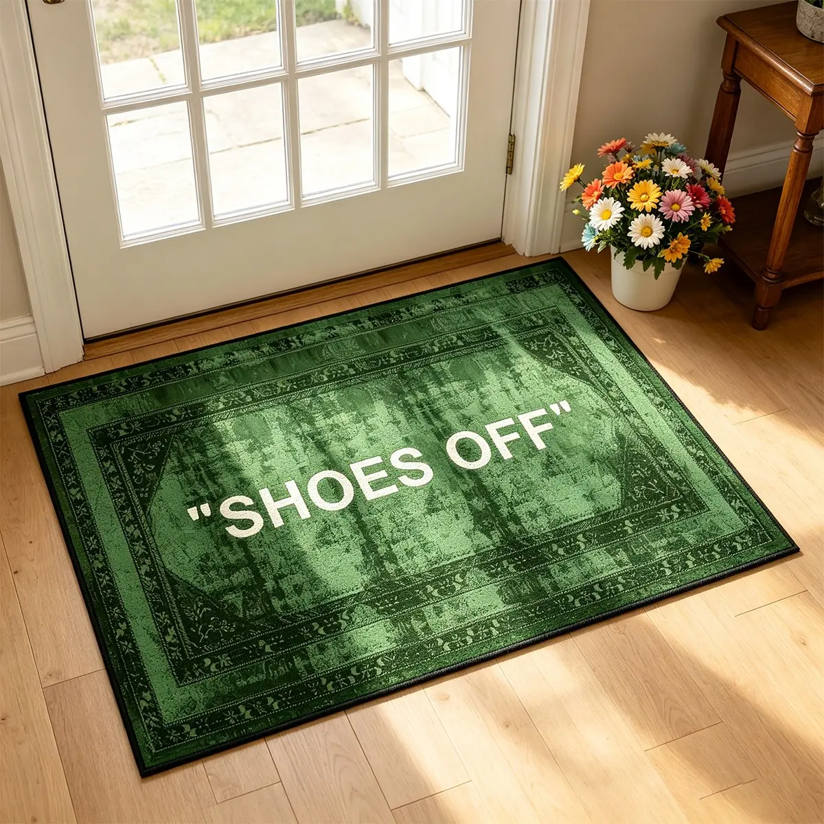 SHOES OFF Vintage Pattern Rug, American Mid-Century Style Entry Mat, Distressed Persian Design, Home Decor Gift, Suitable for Doorway, Bedroom, Living Room