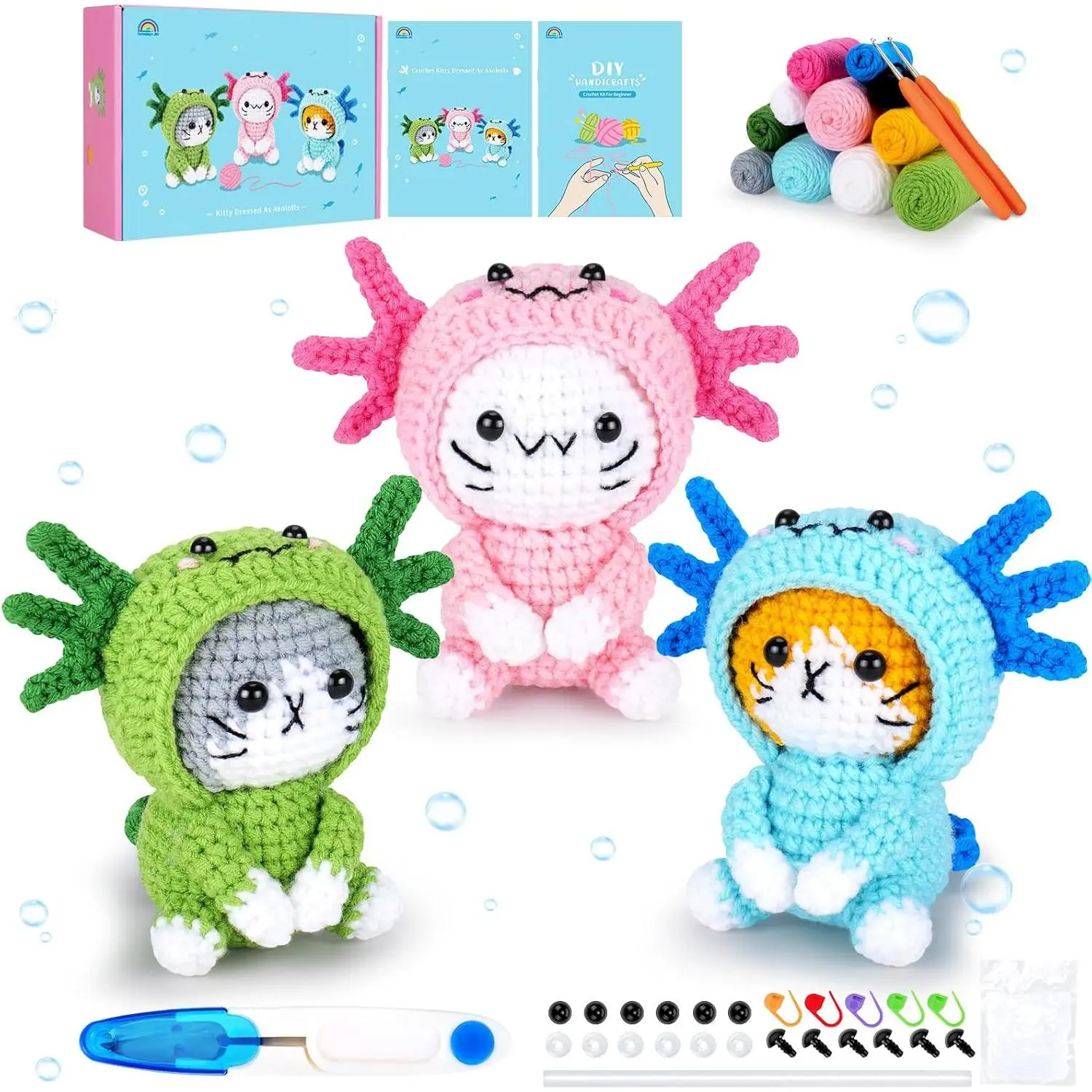 Crochet Kit for Beginners - 3 count Axolotl  Crochet Kits with Step-by-Step Video Tutorials, Beginner Crochet Kit for Adults, Crochet  Dressed as Axolotl Set