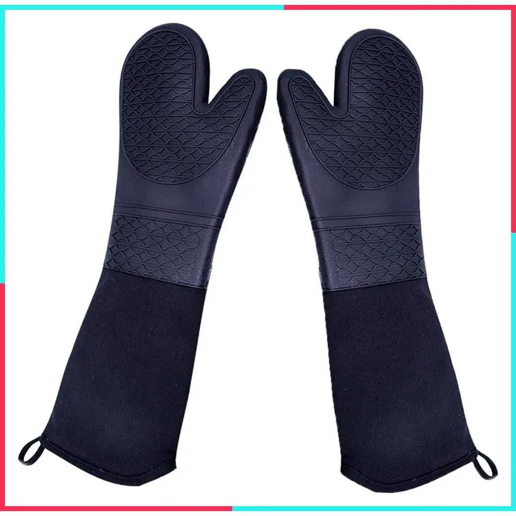 Extra Long Silicone Oven Mitts, Heavy Duty Commercial Grade Heat Resistant BBQ Gloves with Quilted Cotton Lining, 2 Pack