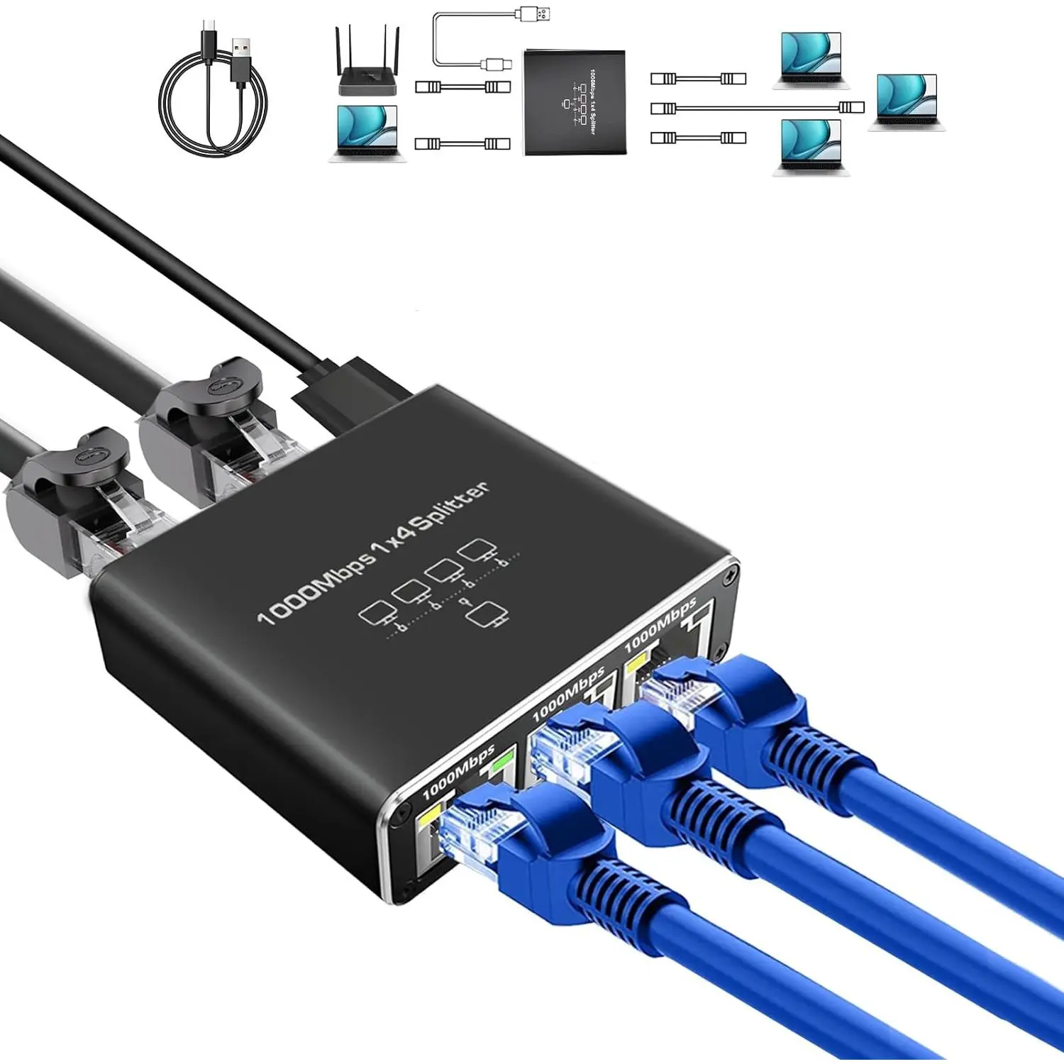 Gigabit Ethernet Splitter, 1-3 Port 1000Mbps High-Speed LAN Adapter with USB Powered, RJ45 Connector for Cat5/5e/6/7/8 Cables (3 Devices Simultaneous Networking)