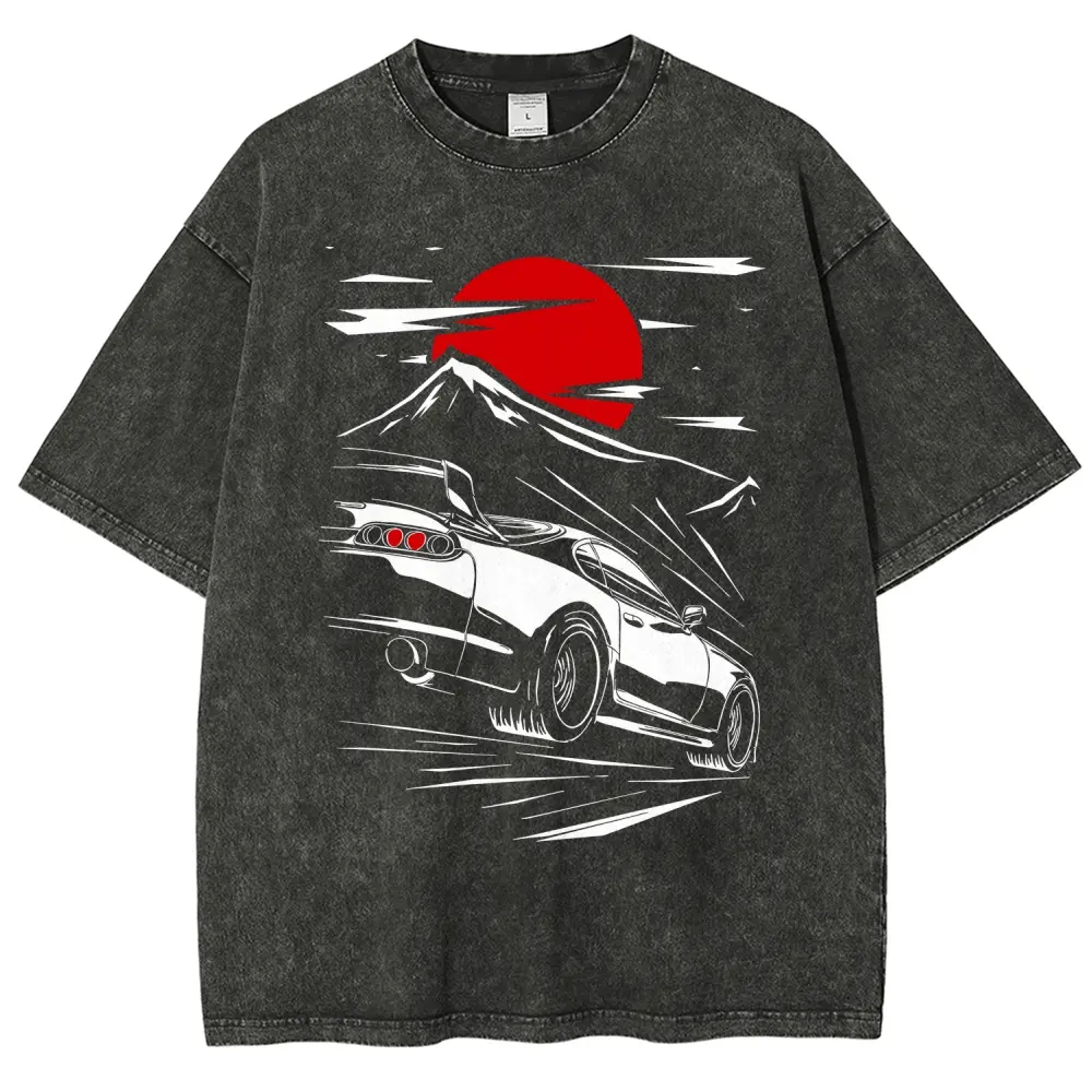 Men's Vintage Washed Cotton Short-Sleeve T-Shirt, Oversized Heavyweight Supra JDM Japanese Graphic Racing Car Tee, Unisex Menswear Casual Tops Streetwear