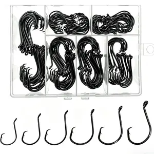 160PCS Circle Fishing Hooks, 6 Sizes Black High Carbon Steel Octopus Hooks for Saltwater Catfish with Tackle Box