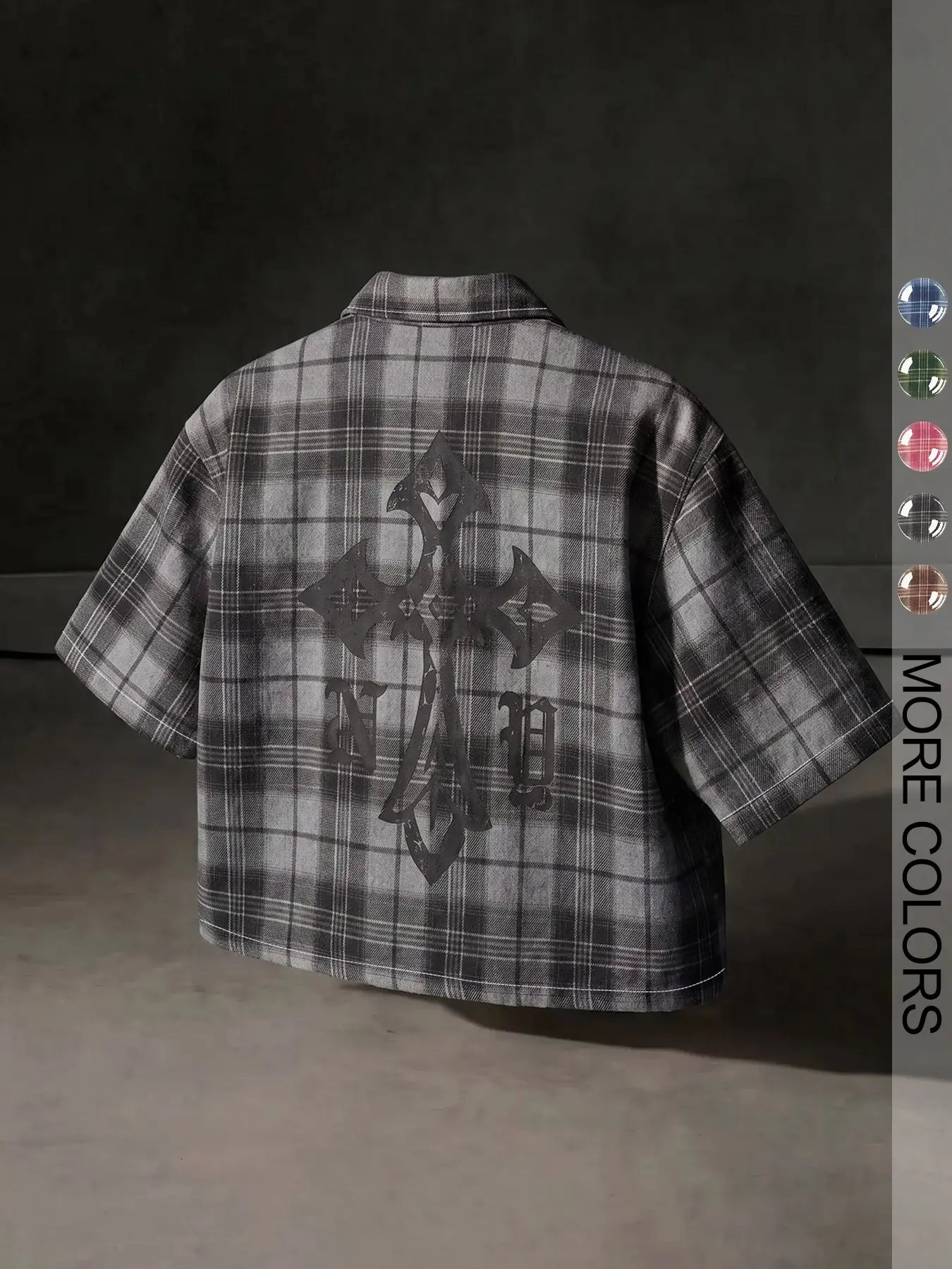 Men's Plaid Blouse with Graphic Print, Casual Loose-Fitting Long Shirt, Short Sleeve H-Type, All-Season Streetwear Fashion