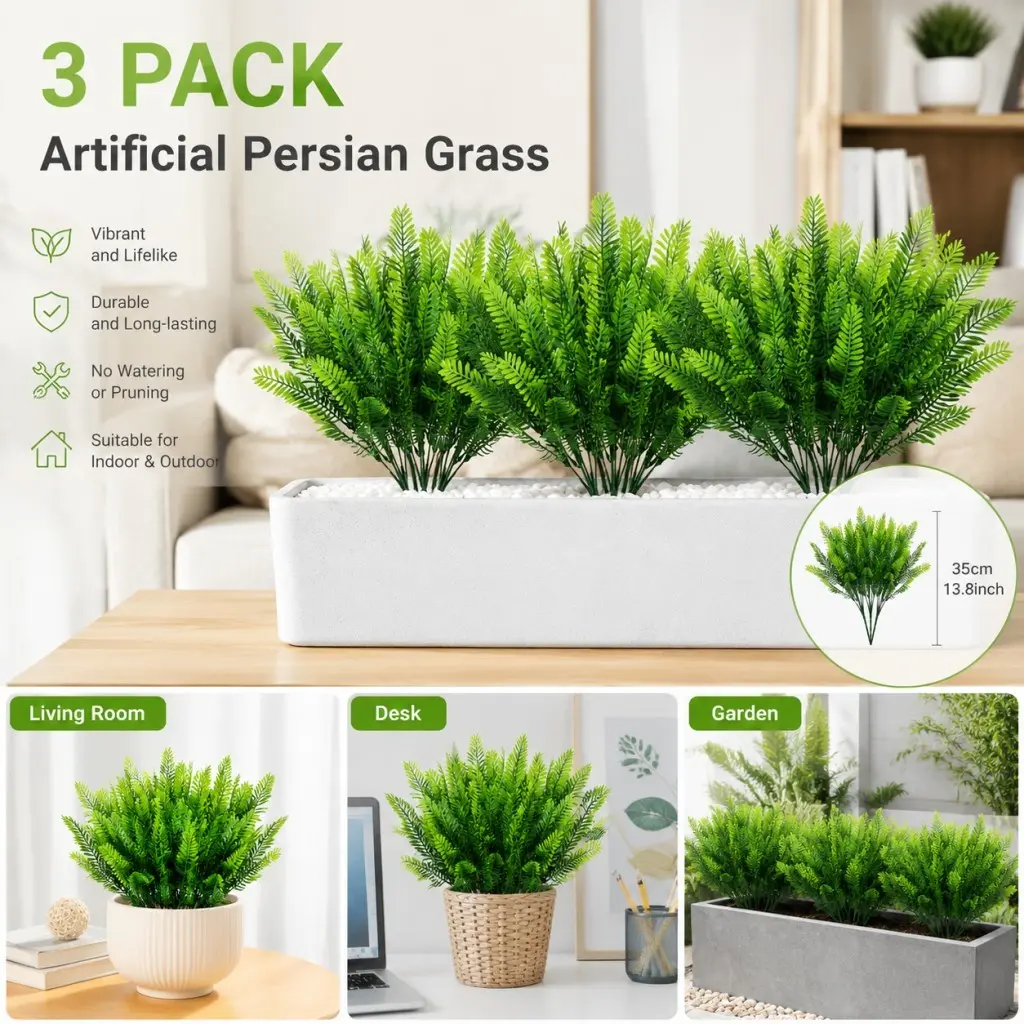 3 Realistic Artificial Persian Grass 13.8in Plant Stems, Low Maintenance Decorative Plants for Home Office, Party Wedding Decoration, Faux Plant