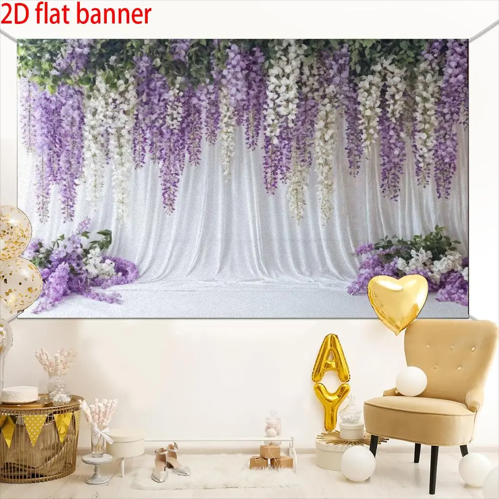 Purple and white hanging wisteria flower background banner, suitable for birthday parties, holiday decorations, holiday event background fabrics, wall decorations, home/room/indoor/outdoor decorations, garden decorations, photography background props,