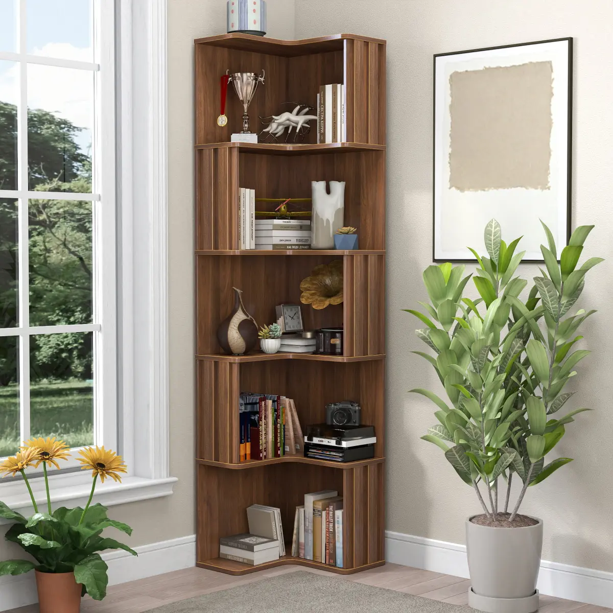 Corner Bookshelf Bookcase - 5 Tier Corner Book Shelf with  Fluted Baffle, Freestanding L Shaped Display Shelf Stand for Home Office, Living Room, Bedroom, Kitchen