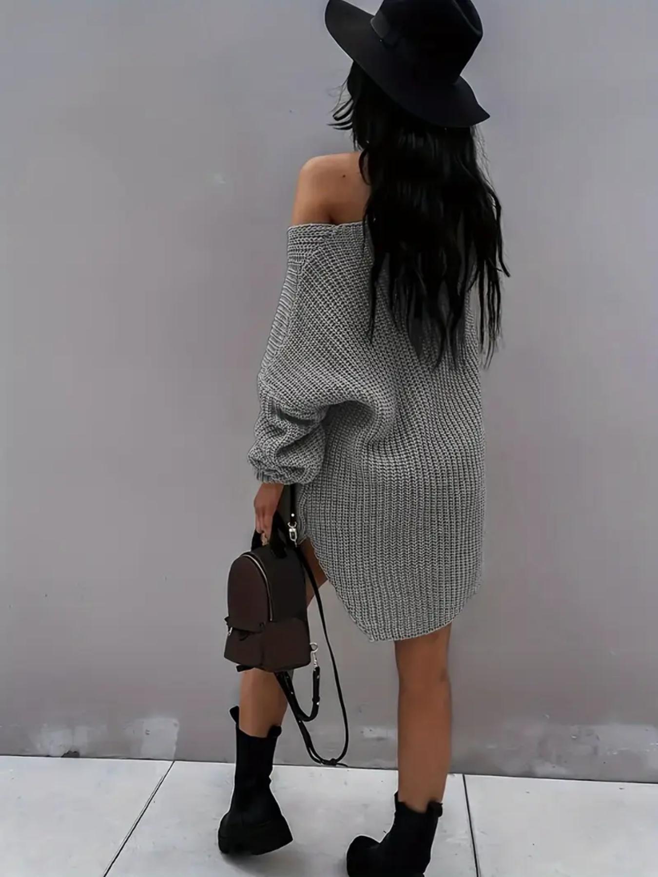 【Plus Size】 Women's Solid Color Sweater Dress, Casual Comfy Chic Knit Dress for Fall & Winter, Women's Plus Clothing for Daily Wear