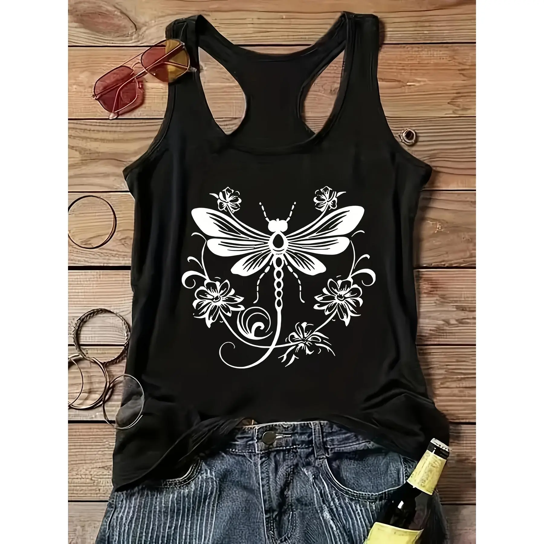 Women's Casual Dragonfly & Floral Print Sleeveless Knit Top with Crew Neck Applique for Summer Vacation, Tops, Fabric, Polyester