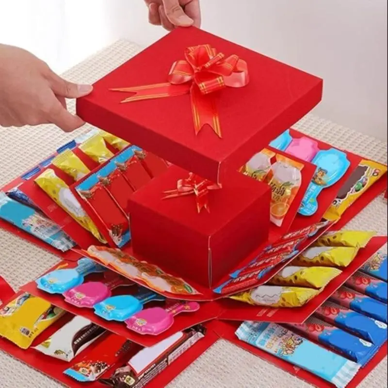 5-Story Surprise Explosion Gift Box with Ribbon, Multi-Pocket Snack & Candy & Chocolate Storage, Perfect for Birthdays, Festivals, Holidays