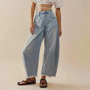 Women's Vintage Wash Wide-Leg Jeans, Loose 90s Look Denim Bottoms with Raw-Edge Inset Pockets for Street Style