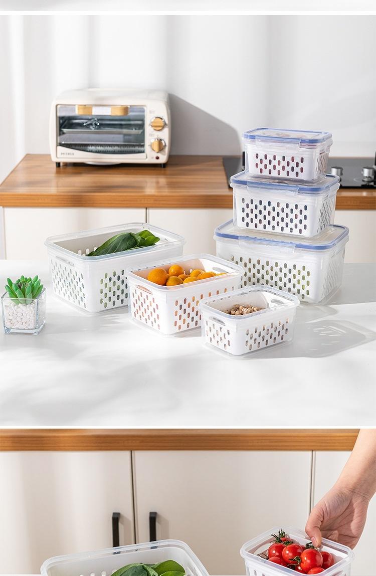 Household sealed fresh-keeping storage box, double-layer kitchen fresh-keeping box with drain basket