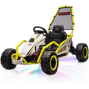 24V Electric Go Kart for Kids, Drift Kart Dual 200W Motors, EVA Wheels & Metal Frame, Ride on Toy with Music Function and LED Lights for Kids Aged 6+, Yellow