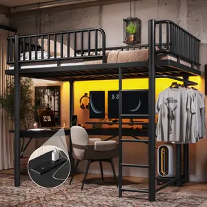Full Size Loft Bed Frame with L-Shaped Desk,LED Light Strip and Charge Station, Metal Loft Bed with Computer Mainframe Tray and Hanging Area, Special Round Pipe Design, Noise Free, Black