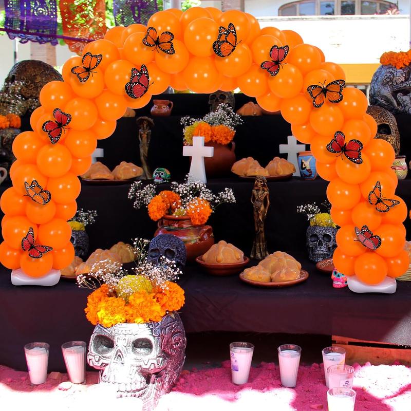 Dia De Los Muertos Decorations Set 12ft Day of The  Marigold Balloon Arch Stand Kit 100 Balloons 2 Balloon Stands Water Fillable Bases 12 count  Butterfly Decor for Dia De Los Muertos Altar Decor