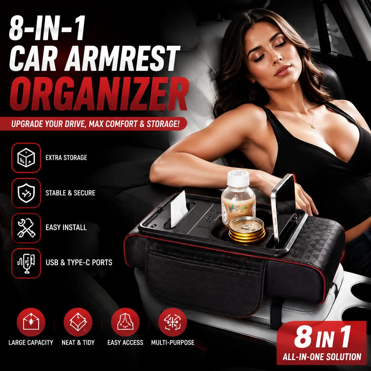 Upgrade Your Car Interior with 8-In-1 Luxury Armrest Organizer, Multifunctional Car Organizer, Premium Comfort, Storage & Style, Enhance Your Driving Experience