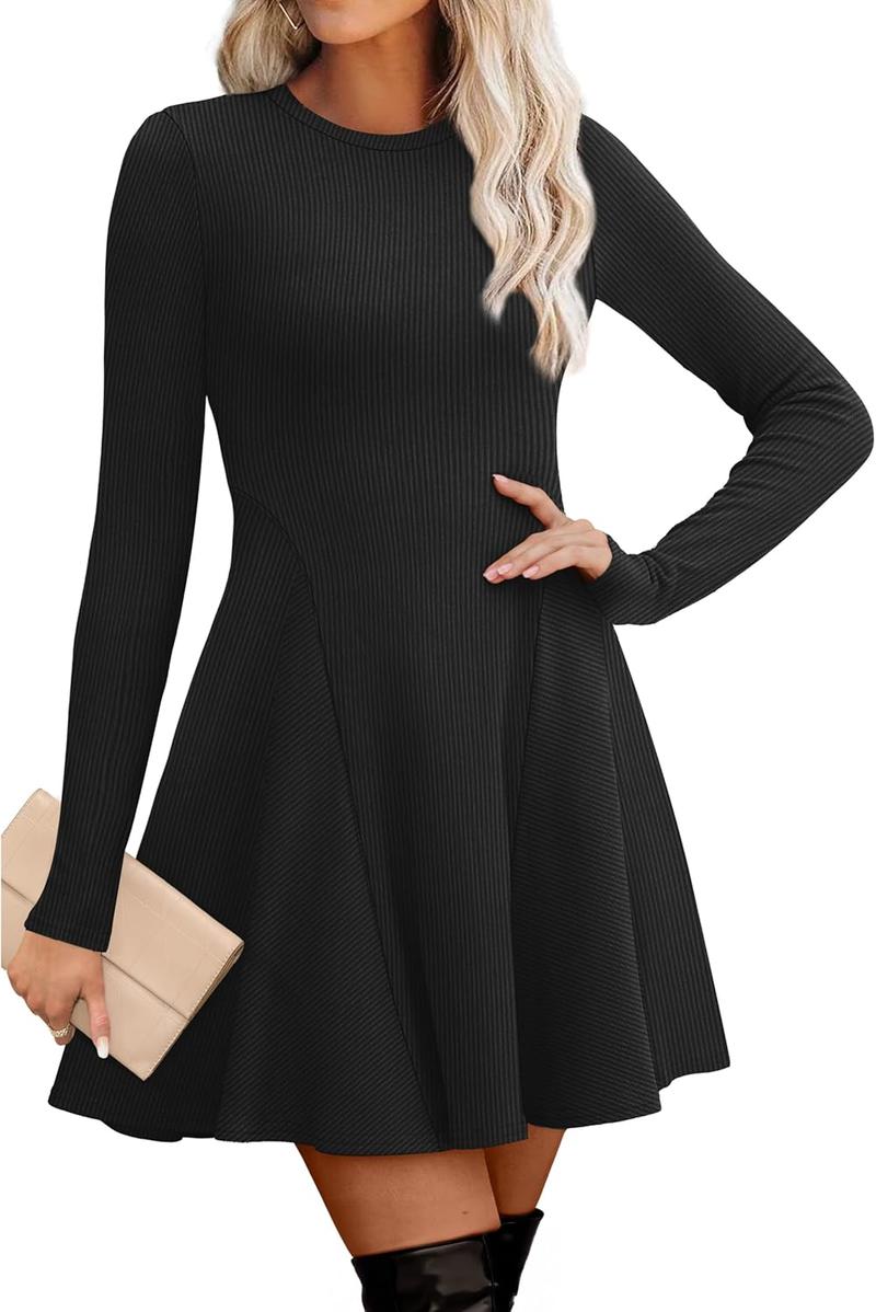 OFEEFAN Sweater Dress for Women Fall 2025 Long Sleeve Crew Neck Ribbed Knit Fit and Flare A-Line Dresses