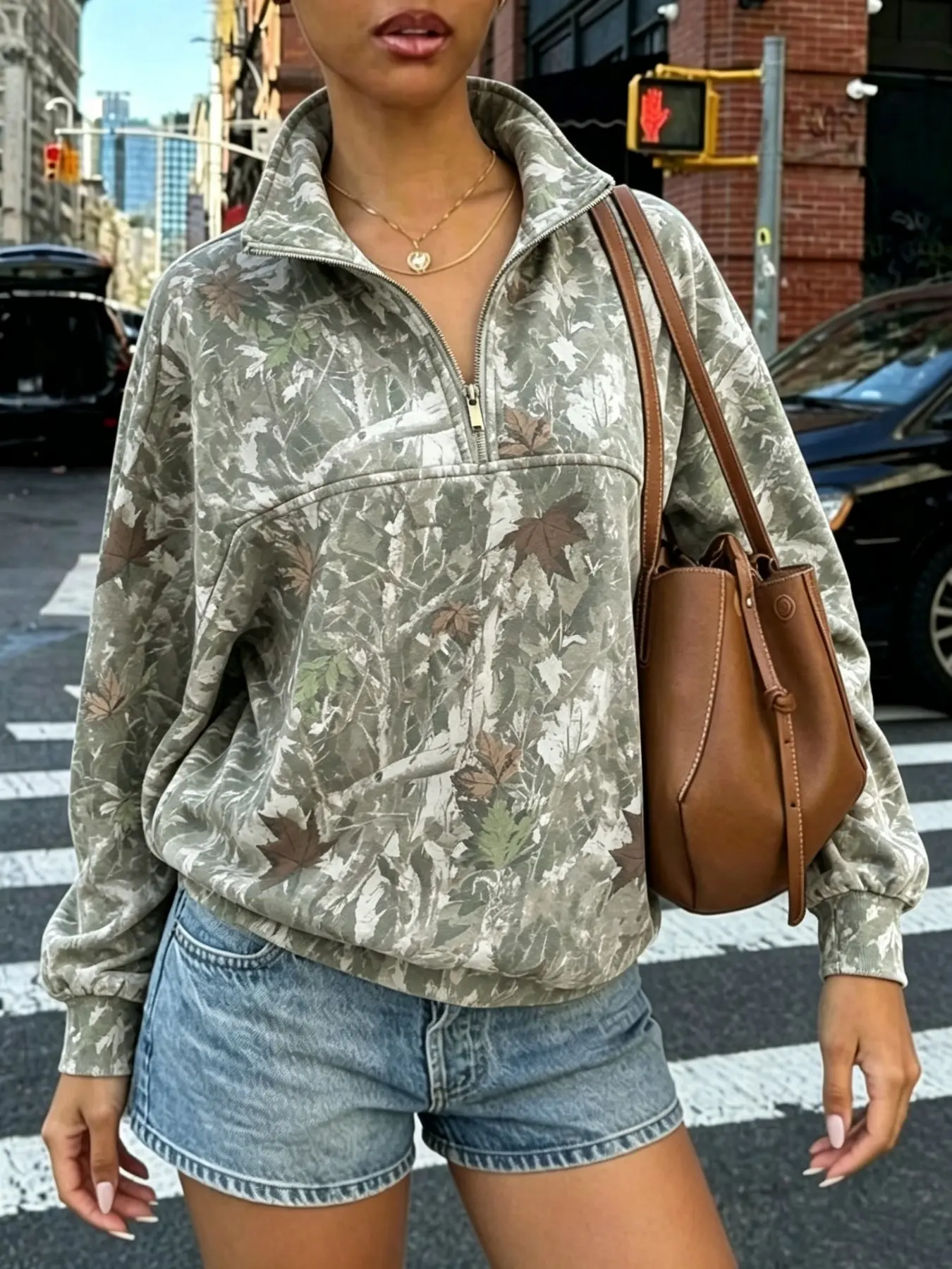 Women's autumn and winter withered tree branch camouflage fully printed half zipper loose Long Sleeves hoodie top, Casual versatile for daily home and commuting outdoor leisure wear