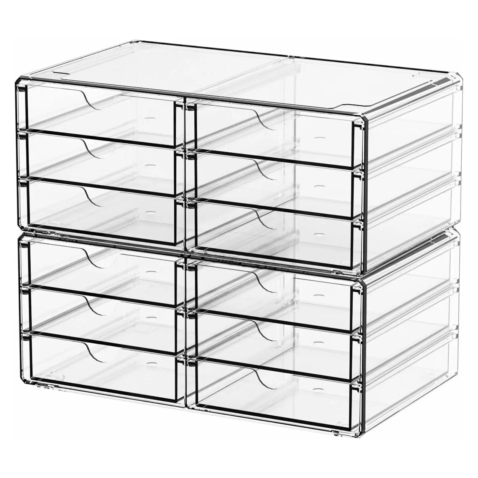 2 Pack Acrylic Storage Drawers with 12 Small Drawers, Stackable Clear Plastic Organizer for Office, Makeup, Craft Supplies, Pens, Stationery, Accessories, DeskGift
