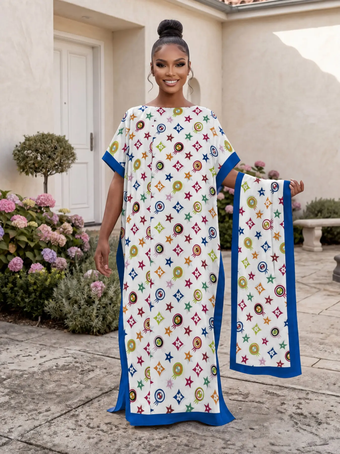 MOO MOO Women’s printed long dress and scarf set; Bohemian casual shawl dress with scarf; relaxed loose beachwear; soft and comfortable; suitable for all seasons; a must-have for seaside vacations. Matching Outfit