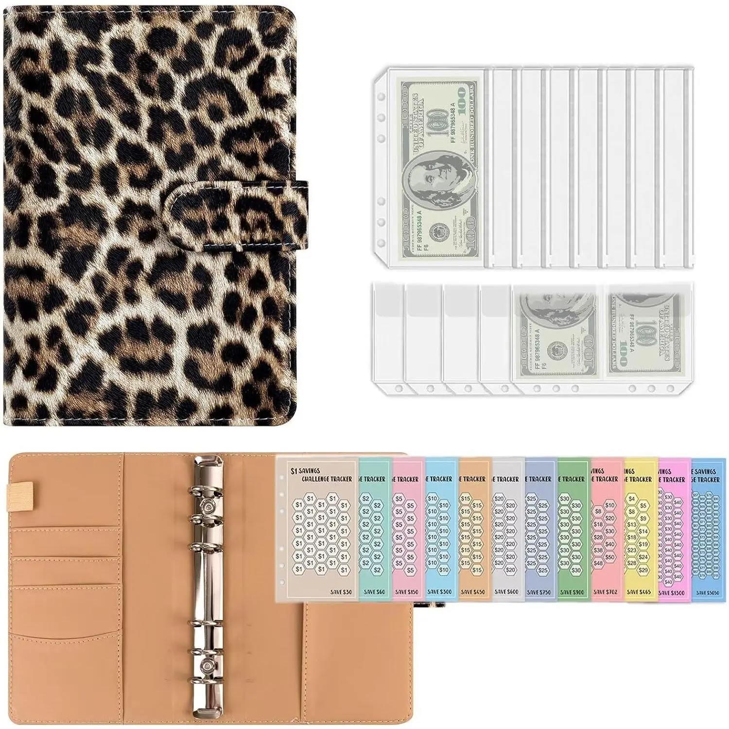 Saving Binder for , 52 Week Monthly Envelopes  Saving  Book with Budget  for 6 Ring Binder, Easy and Fun Way to Save $5050, 10000 (Leopard)