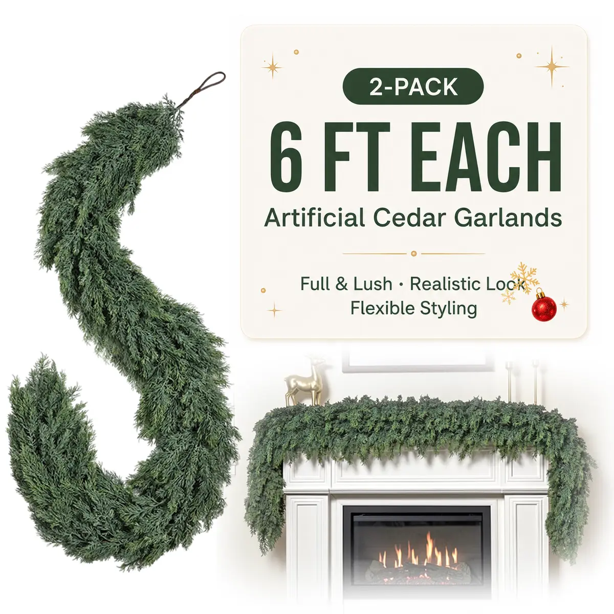 2PCS 6 FT Artificial Cedar Garlands, Real Touch Winter Cedar Garland, Green Artificial Greenery Cedar Garland for Table, Mantle, Wall, Indoor, Outdoor Christmas Decorations (2, 6 FT)